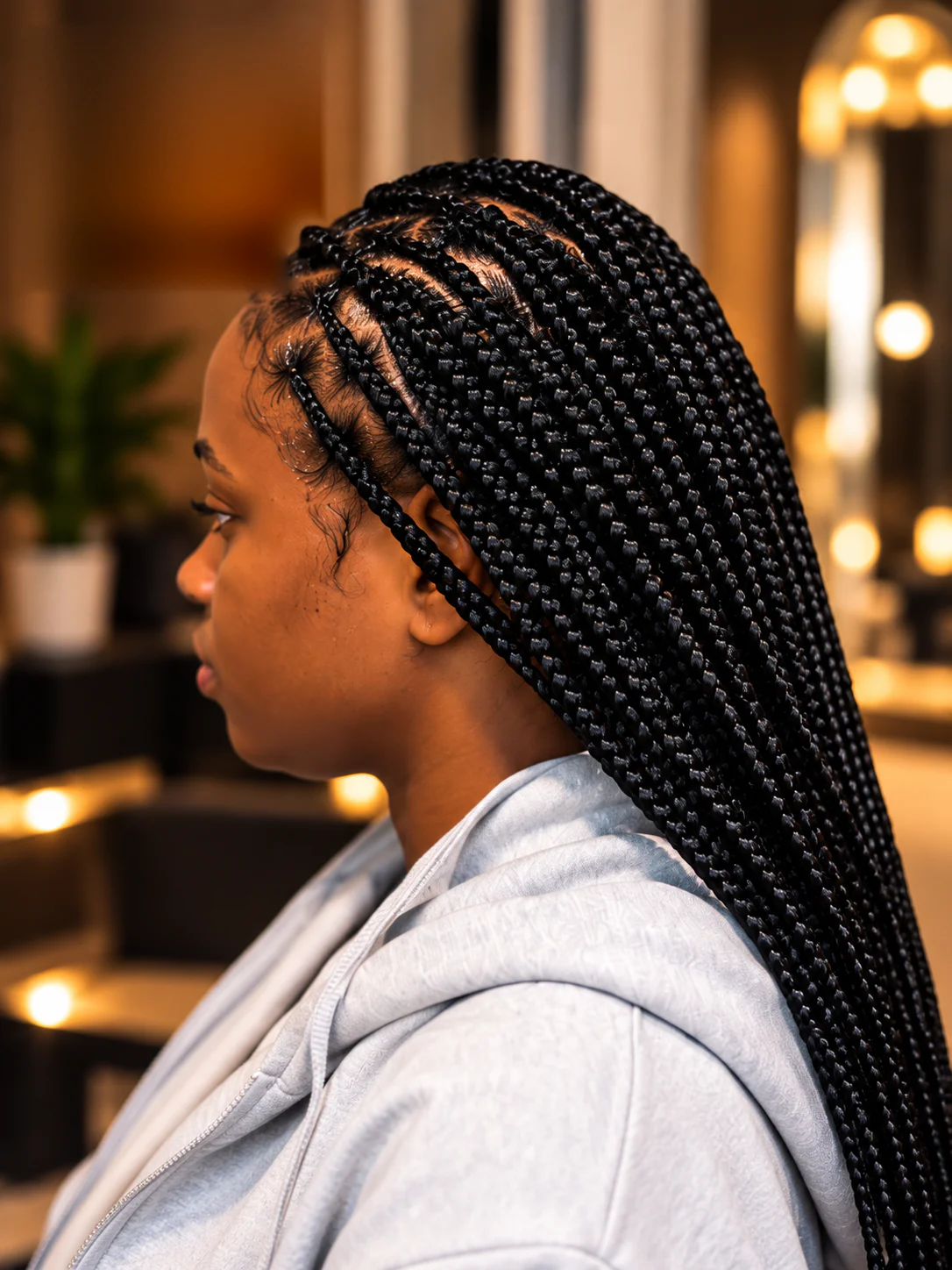 Side profile of waist-length black box braids in a warmly lit salon